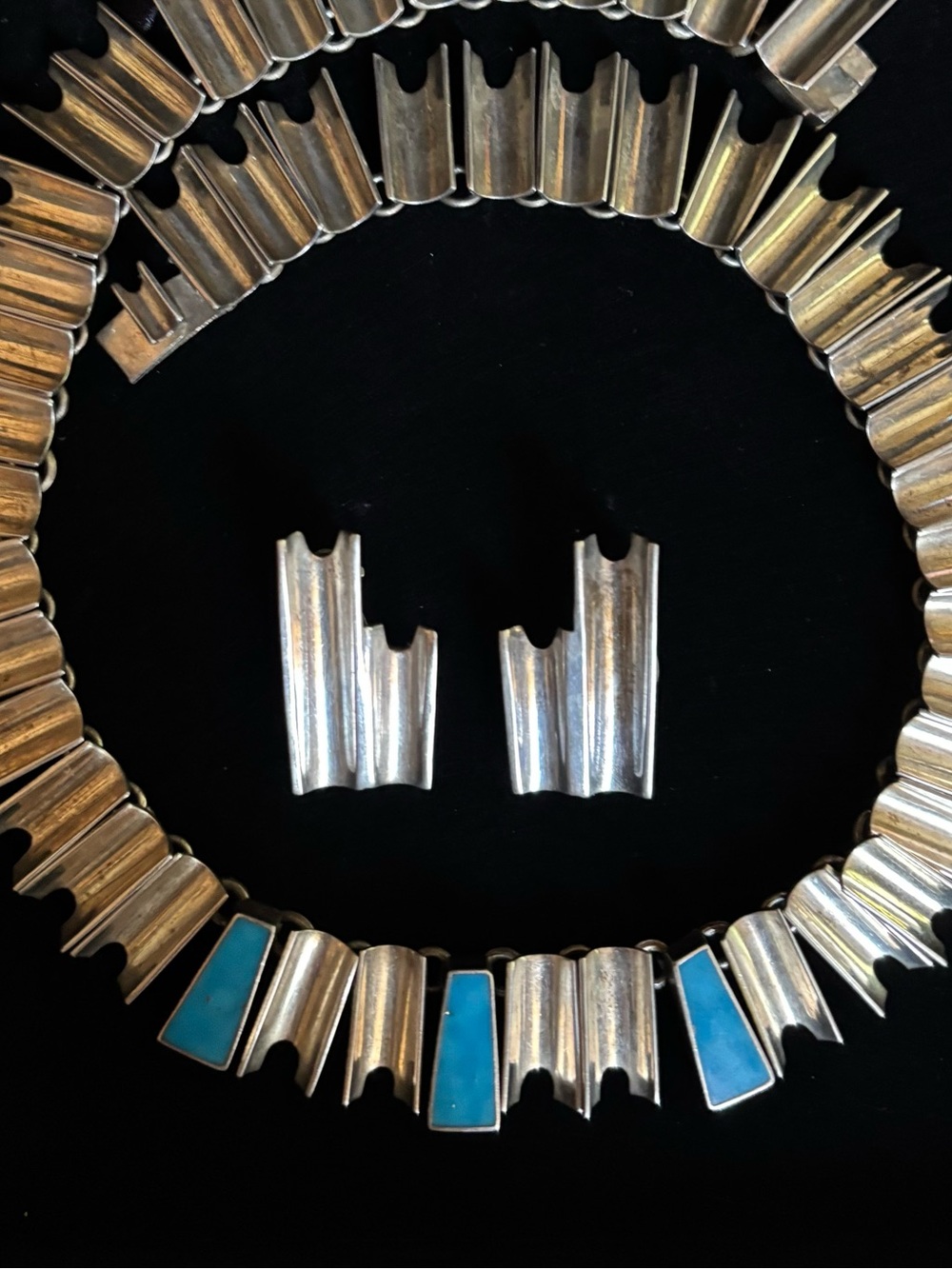 Heavy Vintage TAXCO Sterling Silver Turquoise Inlaid Necklace and Earrings